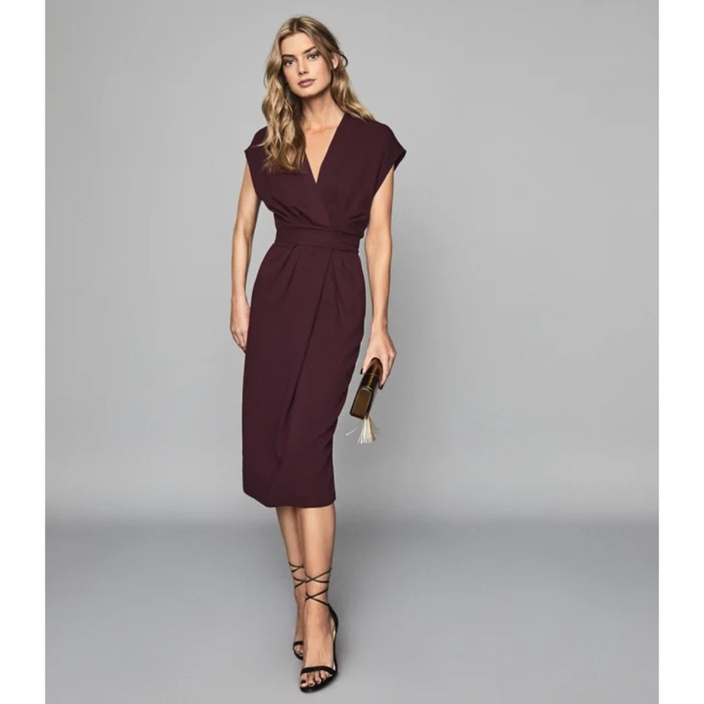 REISS Maxime Plain Slim Fitted Midi Burgundy Dress